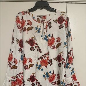 LOFT Floral Blouse - Cream, Red, and Blue Ruffle Sleeve XL